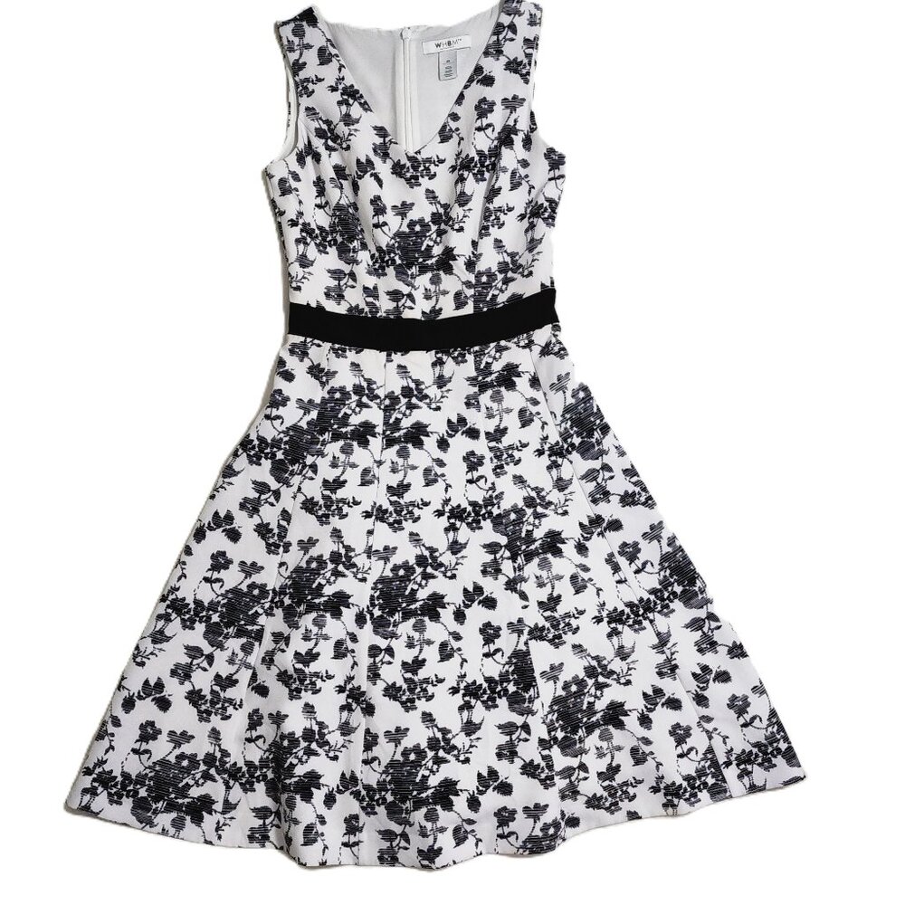 White House Black Market B&W Floral Shadow Sleeveless V-Neck Dress Size 00